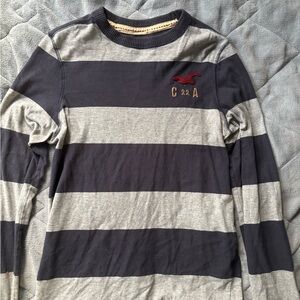 Hollister Men's Gray and Navy Striped Long Sleeve Tee
